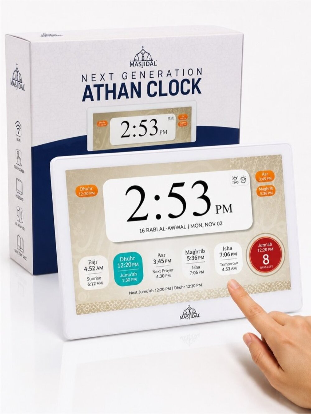 Masjidal 10” Athan Frame Digital Islamic Prayer Clock WiFi Touchscreen BNIB